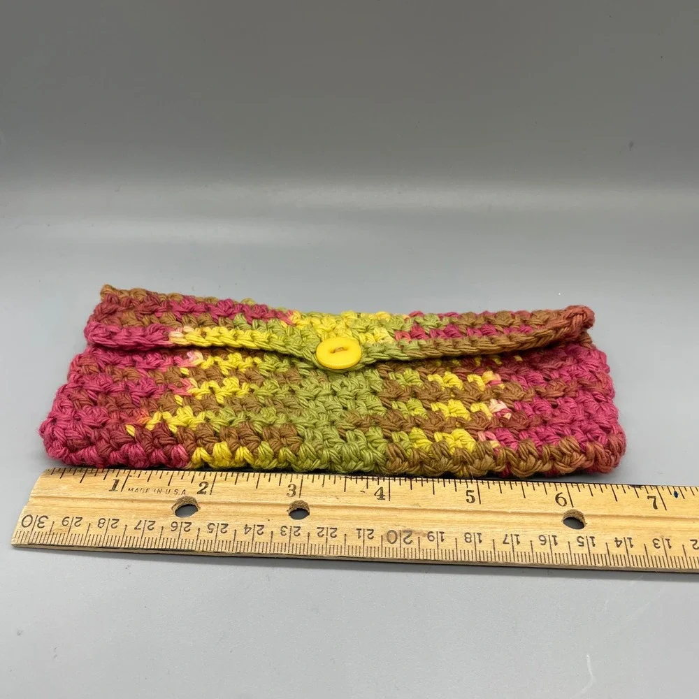 Handmade Crochet Pouch Variegated Pink Yellow Green Button Closure eyeglass case
